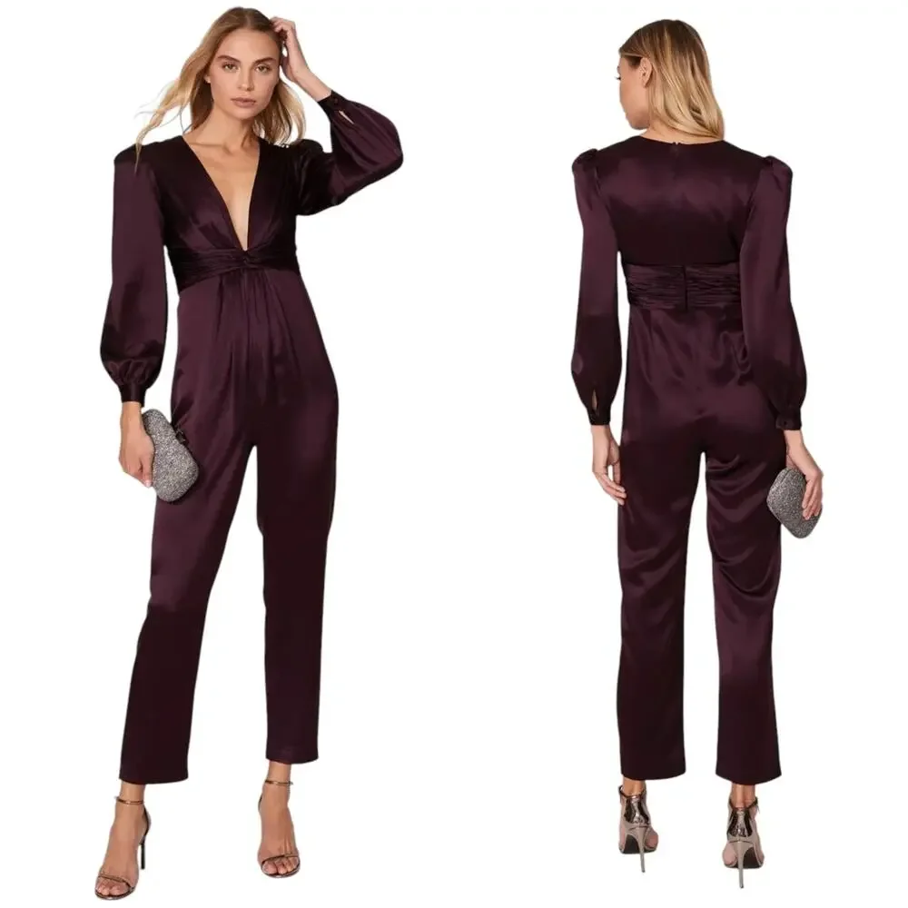 Plum Satin Puff Sleeve Straight Leg Jumpsuit Deep V Formal Evening Sz 2 EUC - Picture 2 of 11